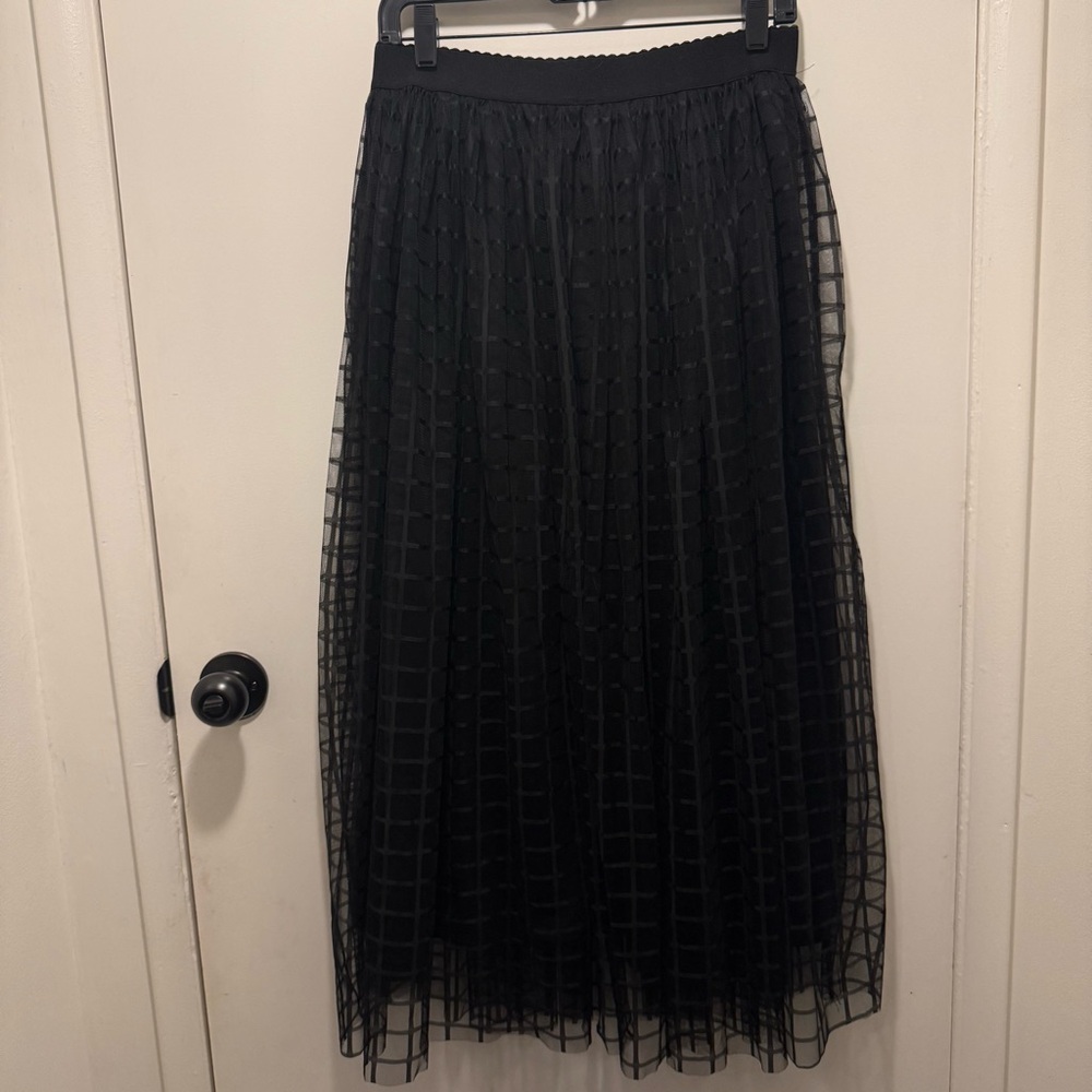 Chic Black Grid A-Line Skirt with Mesh Overlay